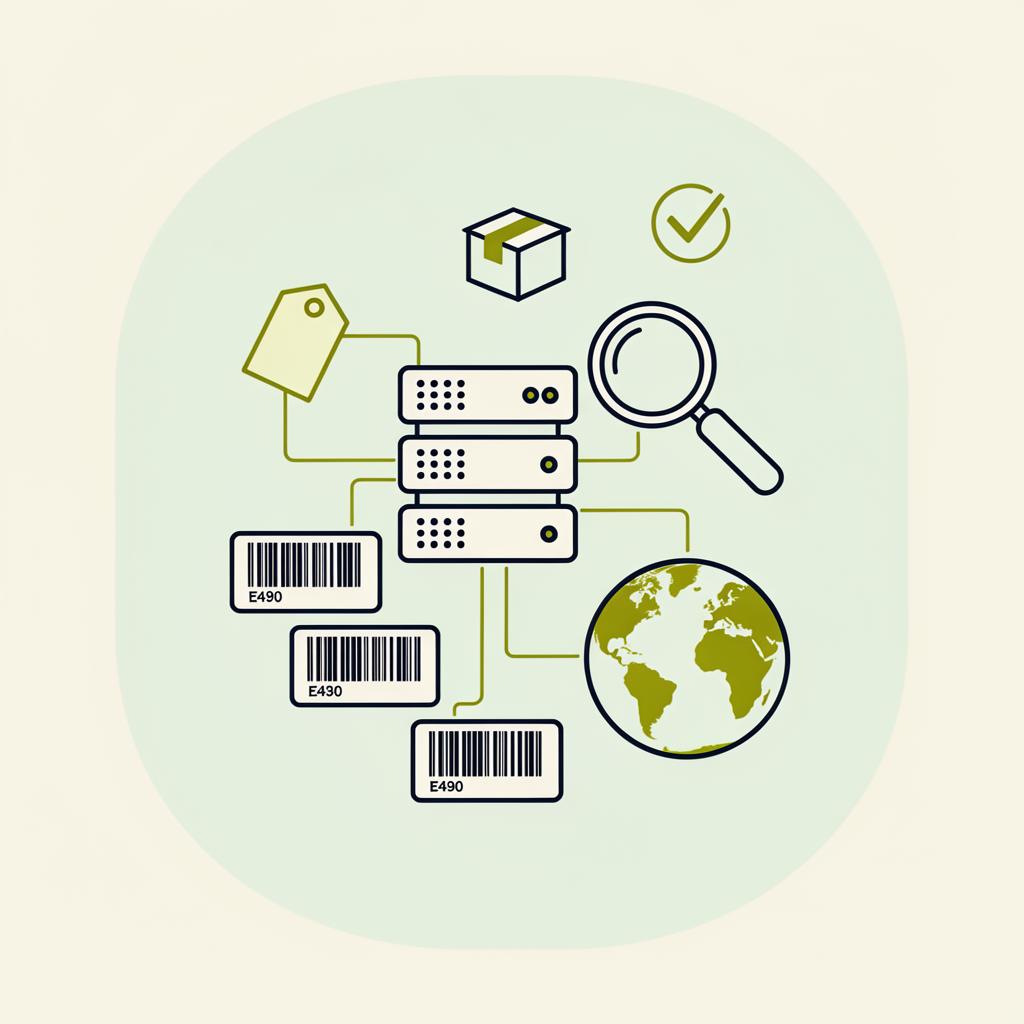 Illustration der EAN Datenbank mit Server, Barcodes und Weltkugel