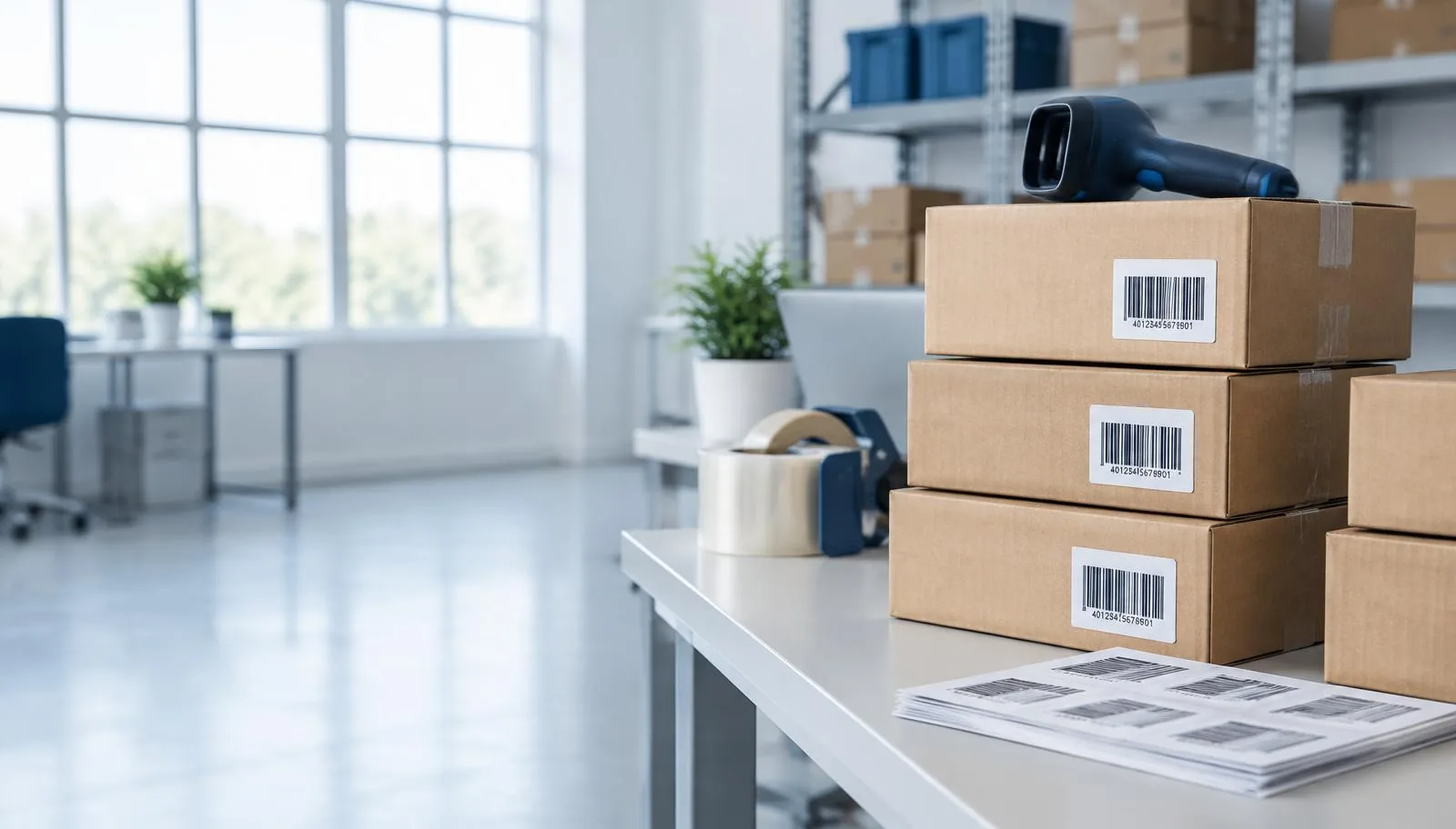 Packtisch im Lager mit Karton, EAN Etikett und Barcode Scanner