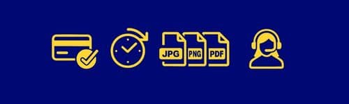 Moderne Icons für EAN-Vorteile: Einmalzahlung, schnelle Lieferung, Support, deutsche Rechnung, Datei-Formate“